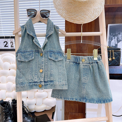 2024 New Fashion Summer Sleeveless Denim 2pcs Suits Sweet Girls Dress Clothes Sets