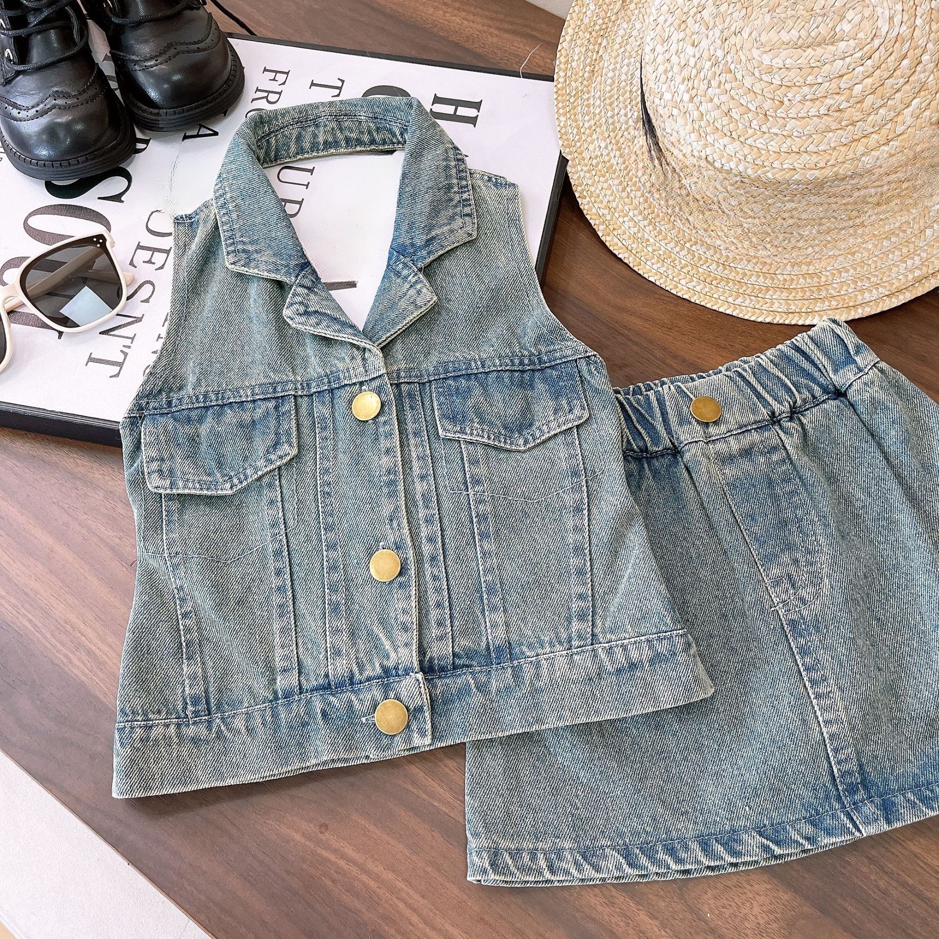 2024 New Fashion Summer Sleeveless Denim 2pcs Suits Sweet Girls Dress Clothes Sets