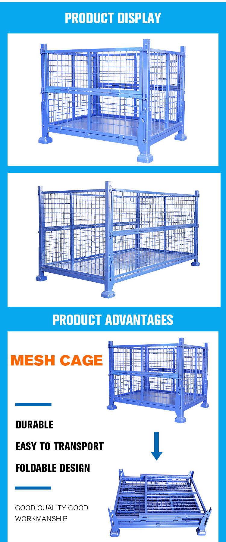 Foldable Stackable Mesh Cage Removable Pallet Container Wire Mesh Cage Stillage