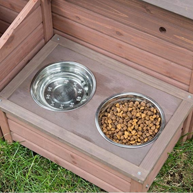 Dog Pet House with Food Bowl Tray and Storage Cubby