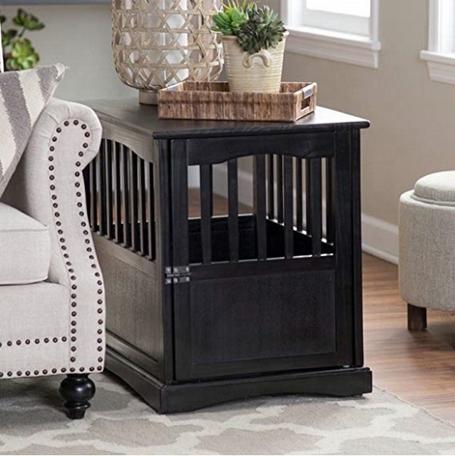 Dog Crate Kennel Cage Bed Night Stand and Table Wood Furniture Cave pet dog House Room Large size Black