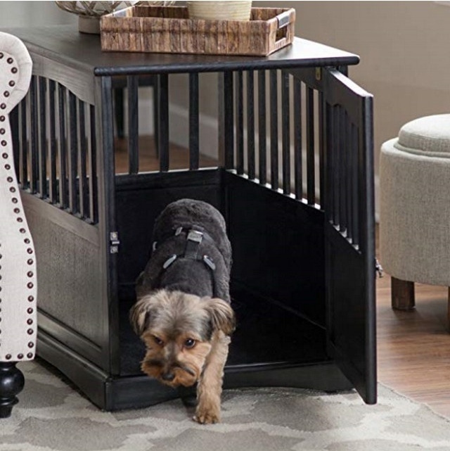 Dog Crate Kennel Cage Bed Night Stand and Table Wood Furniture Cave pet dog House Room Large size Black