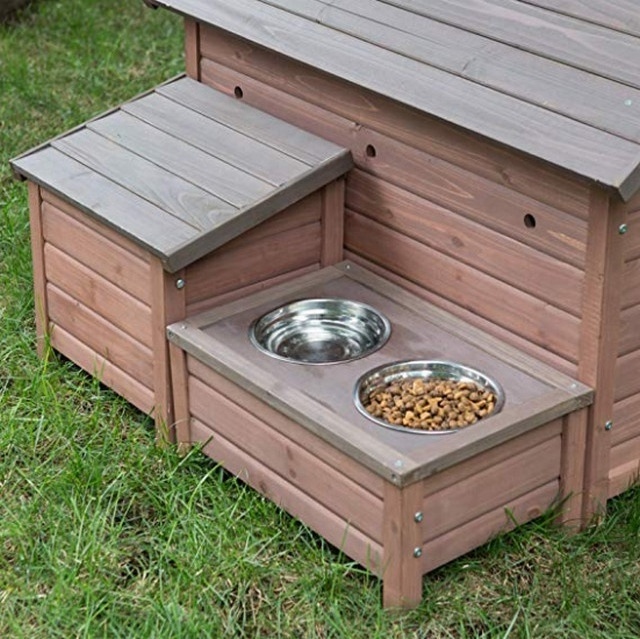 Dog Pet House with Food Bowl Tray and Storage Cubby