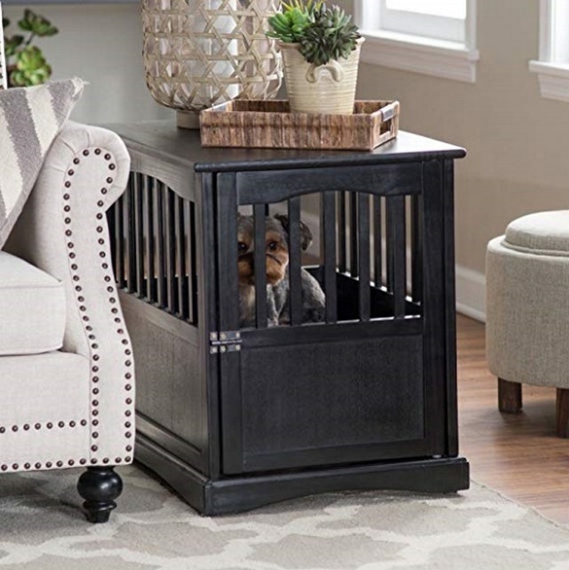 Dog Crate Kennel Cage Bed Night Stand and Table Wood Furniture Cave pet dog House Room Large size Black