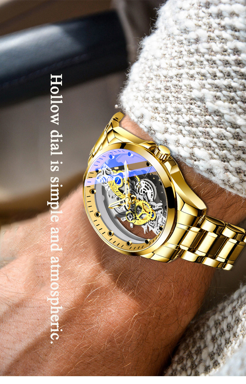 Unique Design Watch Men Wrist Hollow Iced Out New Brand Luxury Men Gold Skeleton Automatic Quartz Wrist Watches