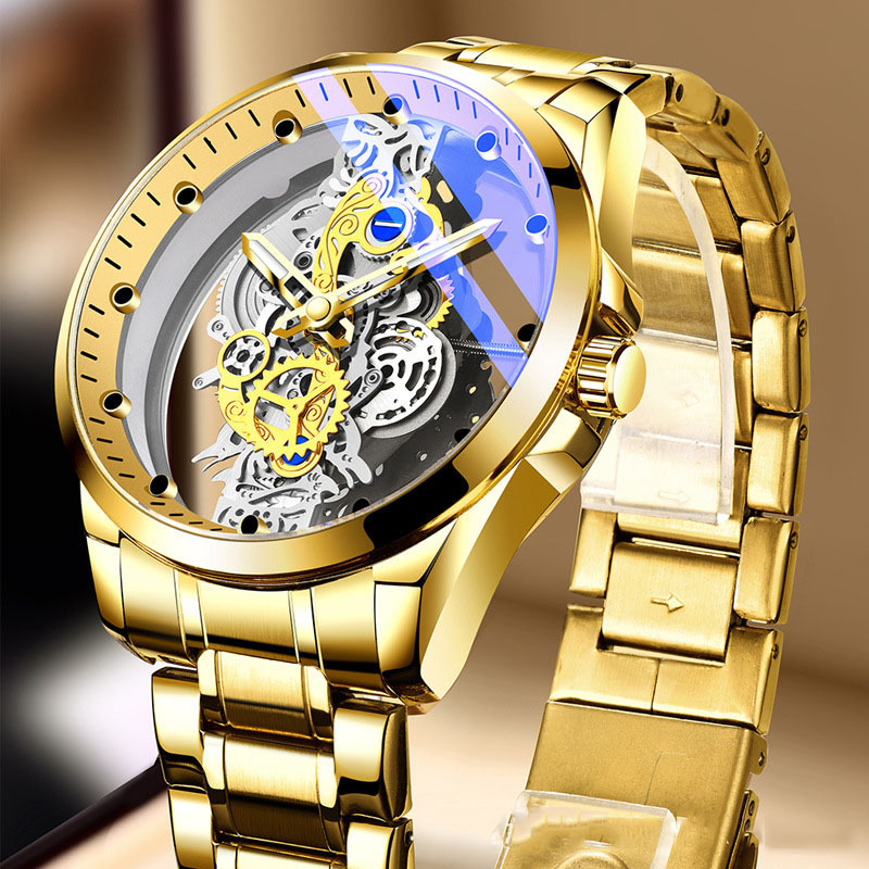 Unique Design Watch Men Wrist Hollow Iced Out New Brand Luxury Men Gold Skeleton Automatic Quartz Wrist Watches