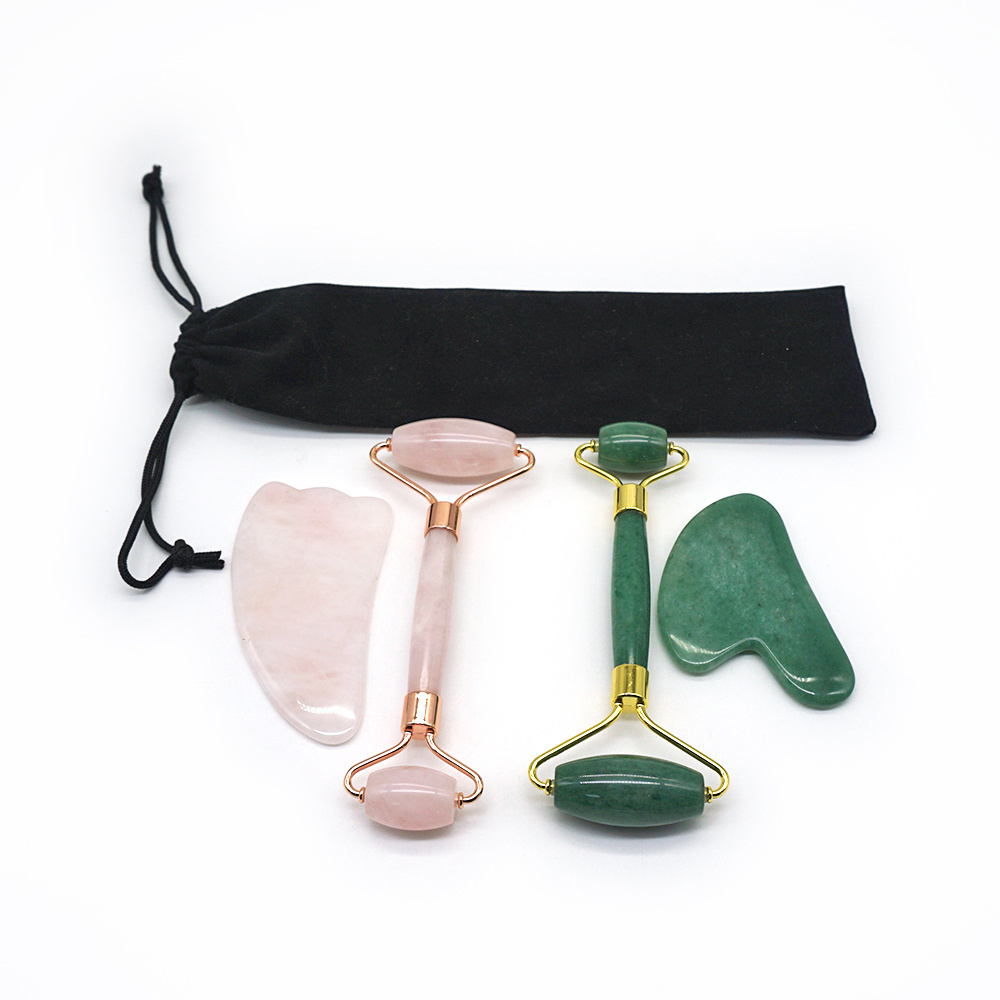 Custom LOGO High Quality OEM manufacturer Private Label Facial Beauty Natural Pink Rose Quartz Jade Roller Gua Sha Set