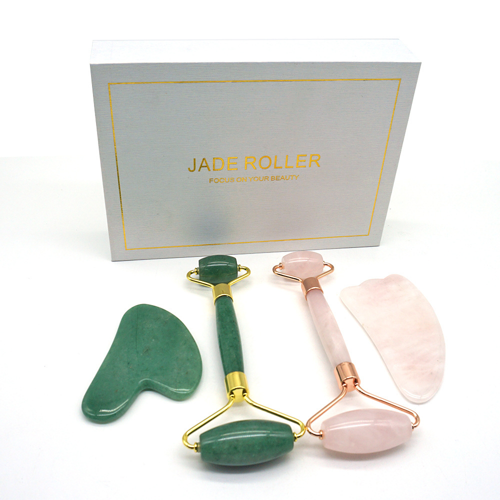 Custom LOGO High Quality OEM manufacturer Private Label Facial Beauty Natural Pink Rose Quartz Jade Roller Gua Sha Set