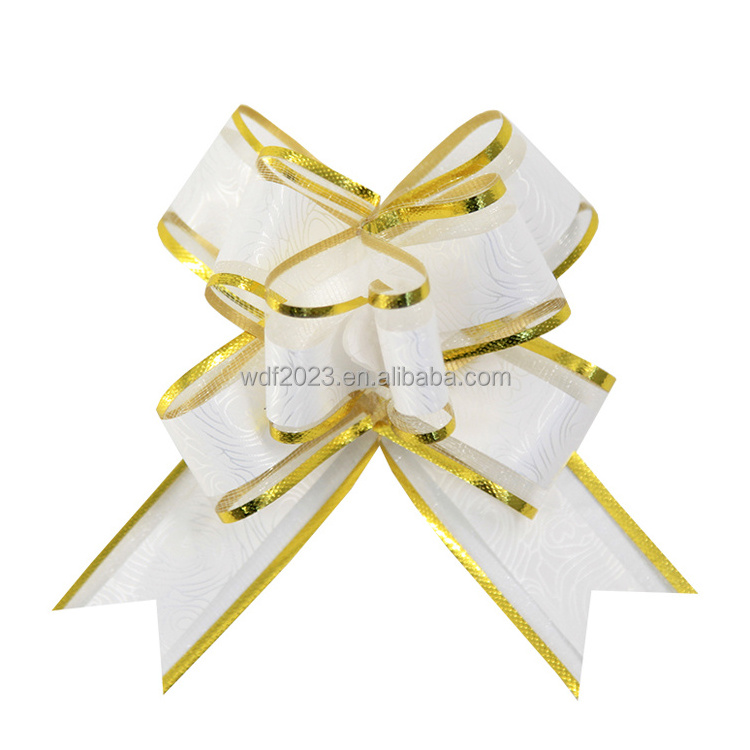 Wholesale Christmas Birthday Gift Wrap White 5 Cm Organza Butterfly Pull String Bows With Gold Line