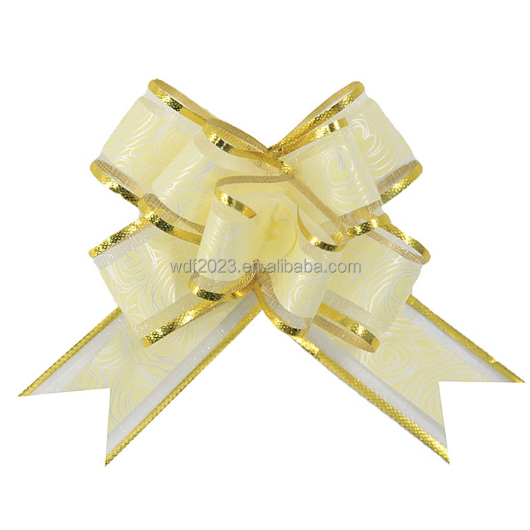 Wholesale Christmas Birthday Gift Wrap White 5 Cm Organza Butterfly Pull String Bows With Gold Line