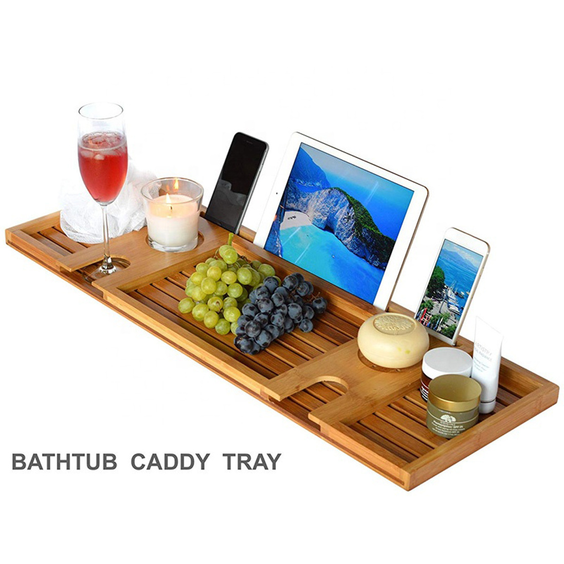 Hot Sale Luxury Bathroom Bathtub Tray Bath Shelf Rack Serving Tray Bamboo Bathtub Caddy Tray WIth Phone Wine glass Holder