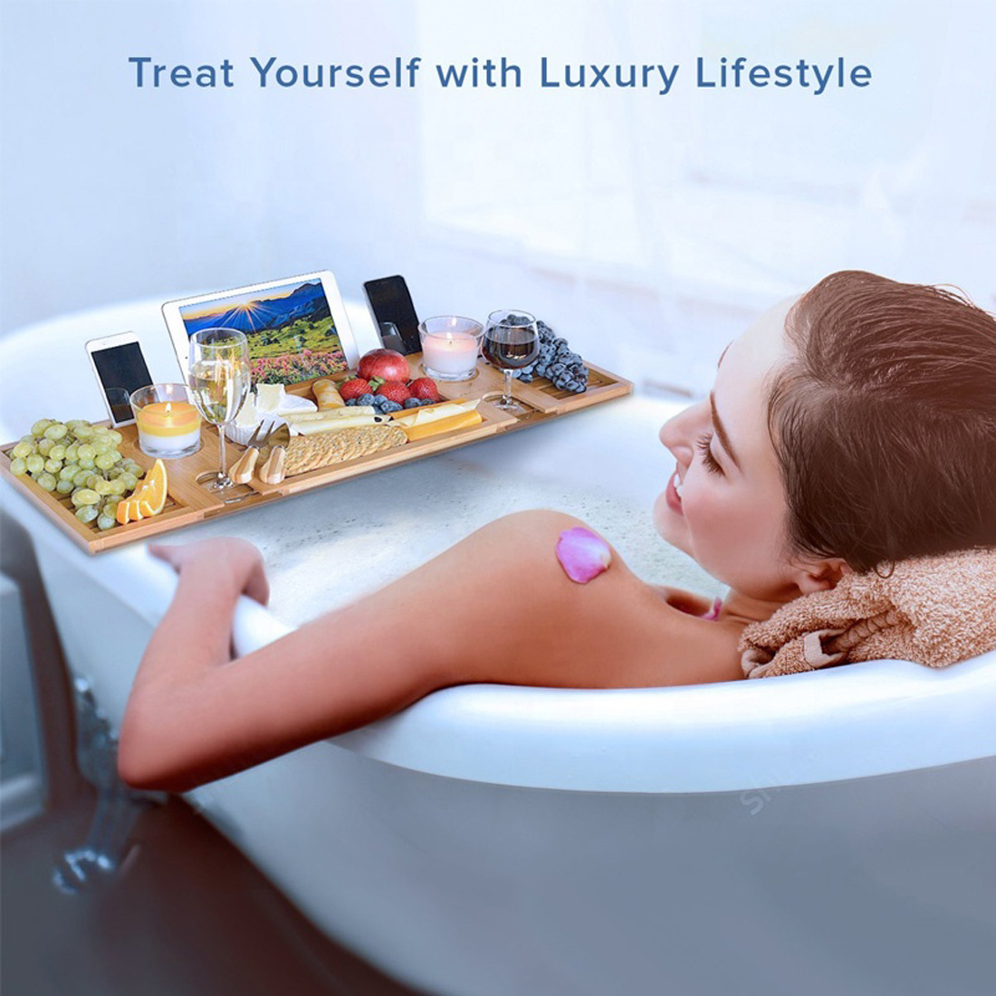 Hot Sale Luxury Bathroom Bathtub Tray Bath Shelf Rack Serving Tray Bamboo Bathtub Caddy Tray WIth Phone Wine glass Holder