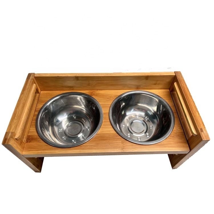 Height Adjustable Bamboo Dog Water Bowl Double Elevated Feeder Pet feeding bowl for Dogs