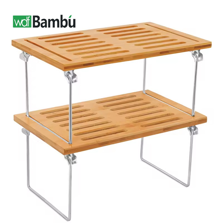 Wholesale Bamboo Stackable Storage Shelf Multifunction  Folding Organizer Rack Bamboo kitchen cabinets and counter storage racks