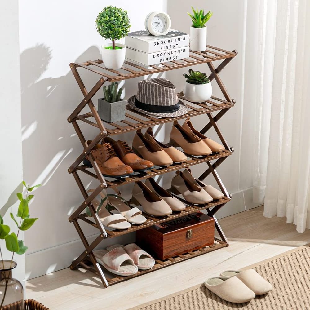 Custom Portable No Assembly Multi Tier Foldable Amazing Wooden Bamboo Stackable Shoe Racks For Home