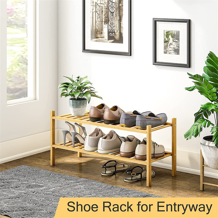 Wholesale 2-tier Folding Shoe Racks & Stands Wooden Bamboo Stackable Storage Organizer Shoe Rack