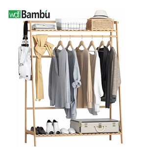 Custom Bamboo Garment Coat Clothes Hanging Heavy Duty Rack With Top Shelf And Shoe Clothing Storage Organizer Shelves