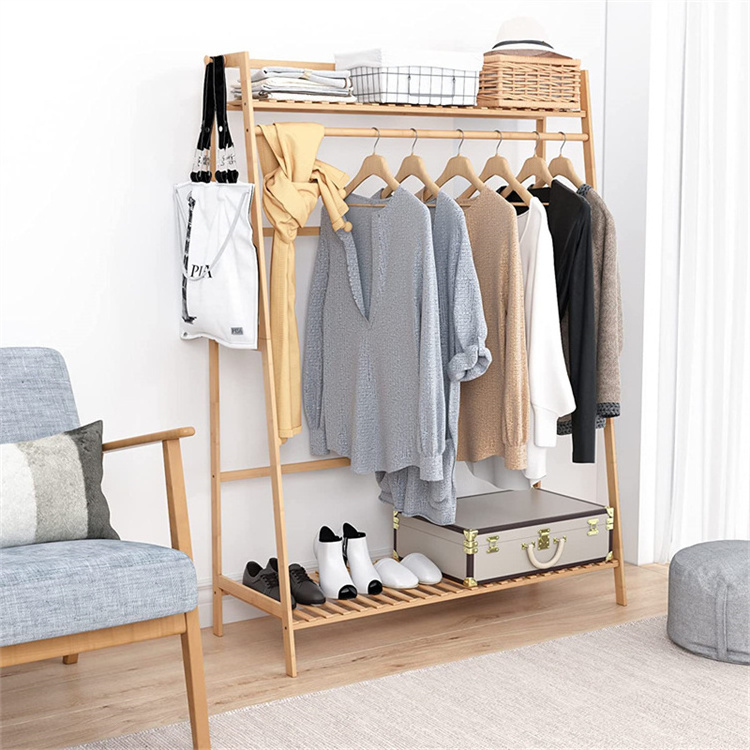 Custom Bamboo Garment Coat Clothes Hanging Heavy Duty Rack With Top Shelf And Shoe Clothing Storage Organizer Shelves