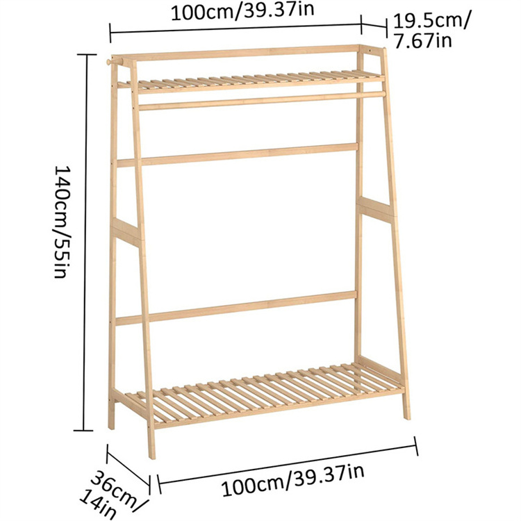 Custom Bamboo Garment Coat Clothes Hanging Heavy Duty Rack With Top Shelf And Shoe Clothing Storage Organizer Shelves