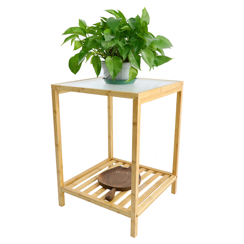 Bamboo Bed Side Table Printer Stand Small Coffee Sofa Table 2-tier Glass Storage Shelf For Bathroom Wood Living Room Nightstand