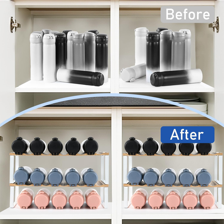 WDF Water Bottle Storage Rack shelf Water Cup Stand Storage Cabinet  Bamboo Water Bottle Organizer for cabinet storage 3 Tier