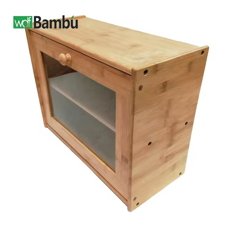 Wholesale 2 Tier Wooden Large Bamboo Fiber Bread Storage Box with Transparent Window