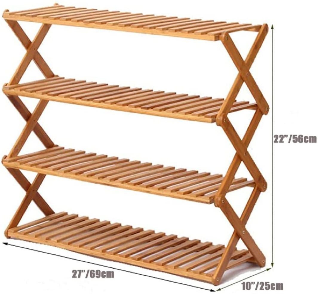 Wholesale 4 Tier Customized Portable No Assembly Foldable Designs Amazing Living Wooden Bamboo Panel Shoe Racks For Home