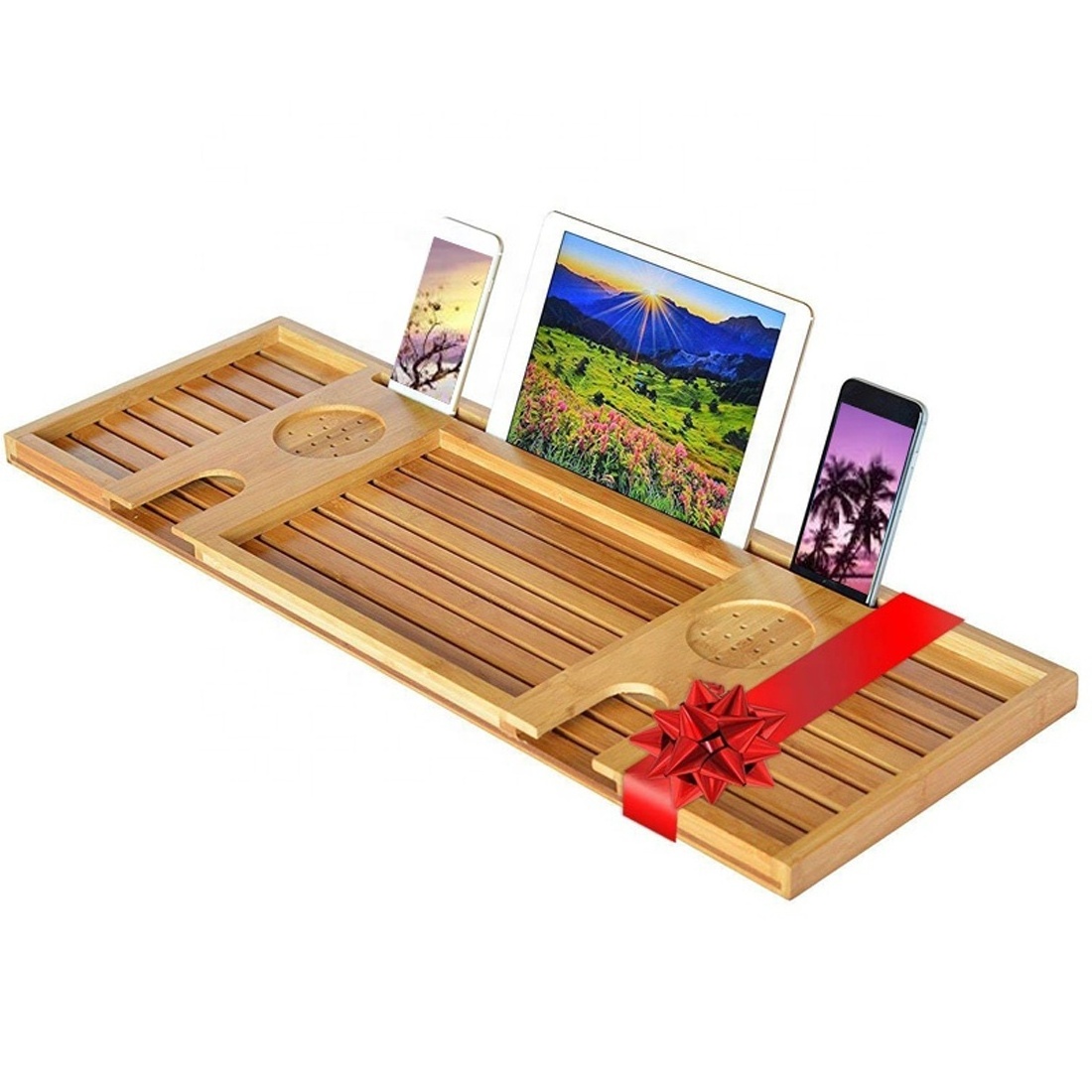 Hot Sale Luxury Bathroom Bathtub Tray Bath Shelf Rack Serving Tray Bamboo Bathtub Caddy Tray WIth Phone Wine glass Holder