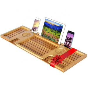 Hot Sale Luxury Bathroom Bathtub Tray Bath Shelf Rack Serving Tray Bamboo Bathtub Caddy Tray WIth Phone Wine glass Holder