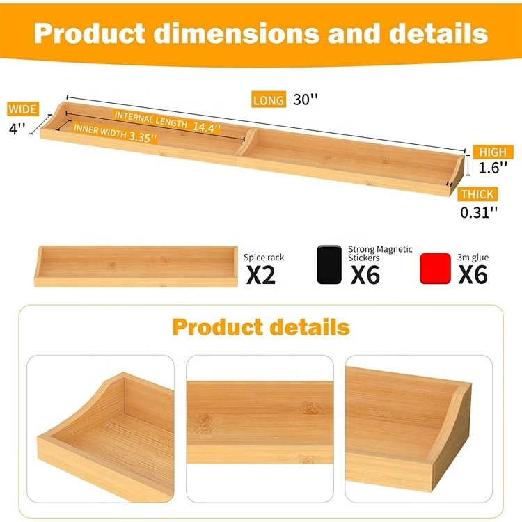 WDF Hot Selling Custom Stove Shelf Wooden Stove Top Magnetic Shelf Multifunctional Bamboo Spice Rack For Kitchen