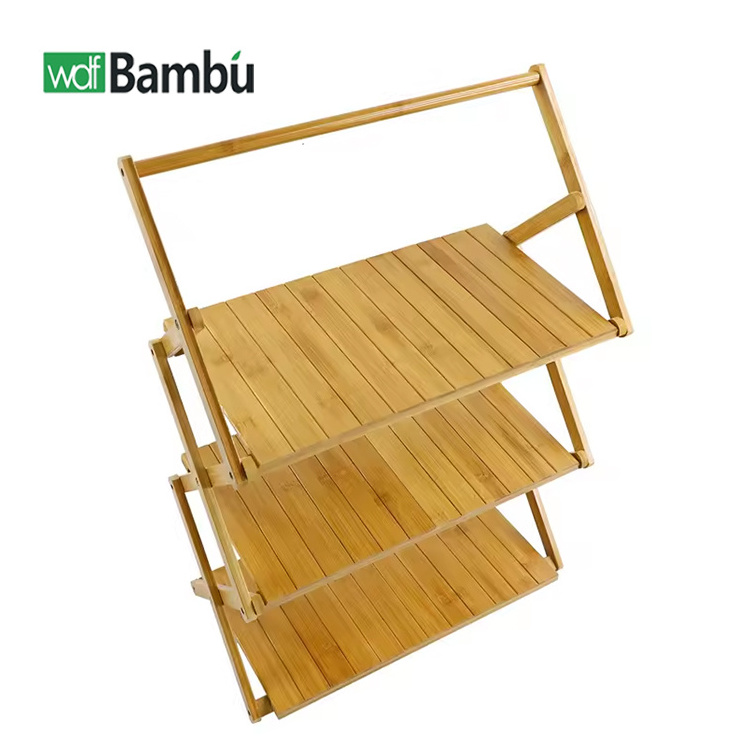 Bamboo Outdoor Picnic Camping Multifunctional Portable Three-tier Folding Rack Storage Tables