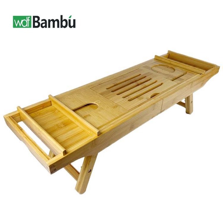 WDF Eco-Friendly Expandable  No-slip Bath Accessory Luxury Bamboo Bathtub Trays Bath Caddy Tray with leg