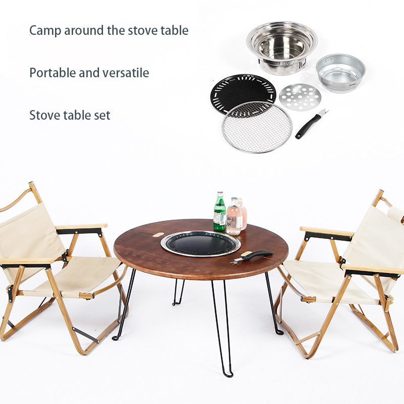 WDF Custom Outdoor Table with Charcoal BBQ Grille Portable Camping Hot Pot Meja Lipat  Wooden Folding Picnic Bamboo BBQ Table