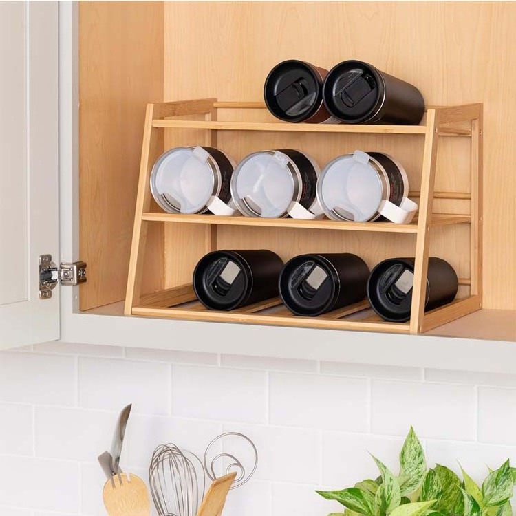 WDF Water Bottle Organizer Storage Rack Shelf Bamboo Water Bottle Organizer Rack  for Cabinets 2 Pack 3 Slot