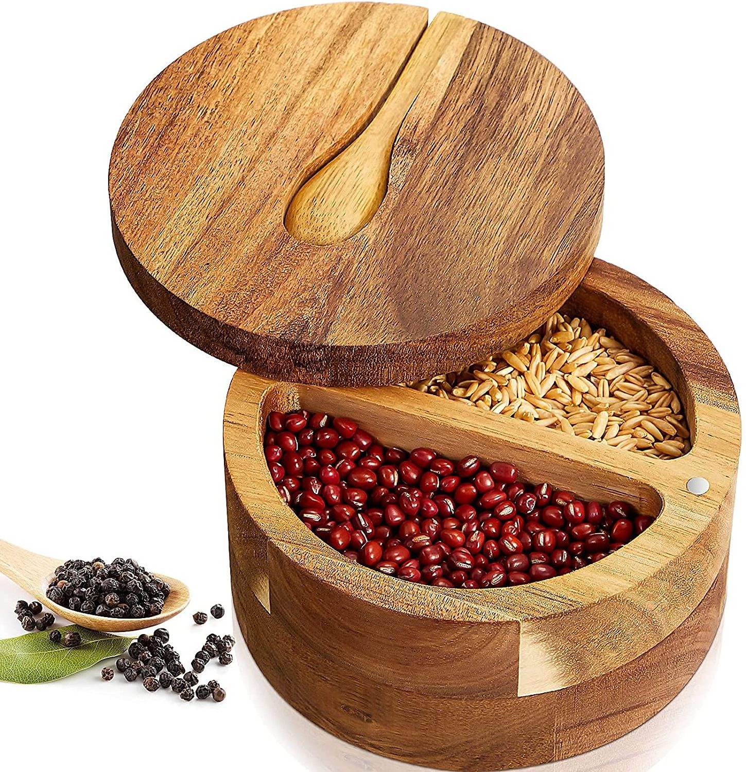 Factory Supply Two Compartment Wood Spice Box with Mini Spoon Seasoning box with Swivel Lids Salt and pepper container