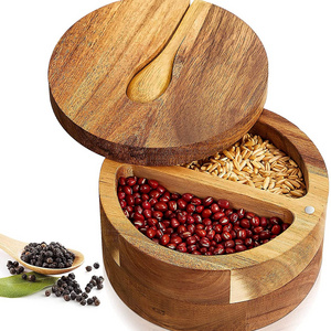 Factory Supply Two Compartment Wood Spice Box with Mini Spoon Seasoning box with Swivel Lids Salt and pepper container