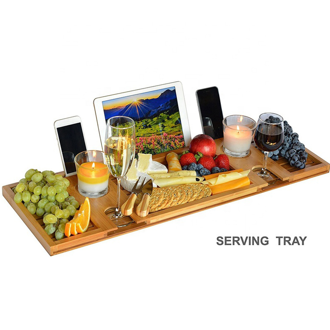 Hot Sale Luxury Bathroom Bathtub Tray Bath Shelf Rack Serving Tray Bamboo Bathtub Caddy Tray WIth Phone Wine glass Holder