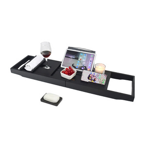 WDF OEM Expandable Bathtub Caddy Tray Wooden shower rack Bamboo Black Bathtub Tray With Ipad Wine Glass Phone Holder