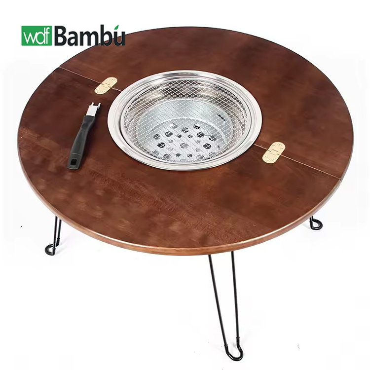 WDF Custom Outdoor Table with Charcoal BBQ Grille Portable Camping Hot Pot Meja Lipat  Wooden Folding Picnic Bamboo BBQ Table