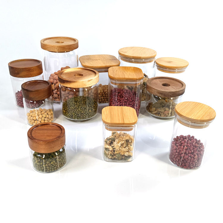 WDF Customized frascos envases de vidrio pantry organization canister set bamboo spice jars glas stash glass jar with wood l