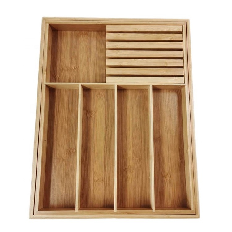 2022 Multifunctional Expandable Wooden Utensil Organizer Drawer Silverware Organizer Bamboo Cutlery Tray For Drawer