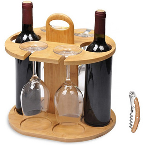 Detachable Bamboo Glasses Storage Rack Spilled Wine bottle Holder Display Stand Wooden Wine Holder with Handle