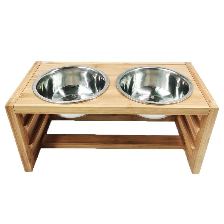 Height Adjustable Raised Bamboo Sublimation Dog Bowls Comederos Para Perros Ceramic Pet Bowl Wooden Pet Feeder With Stand