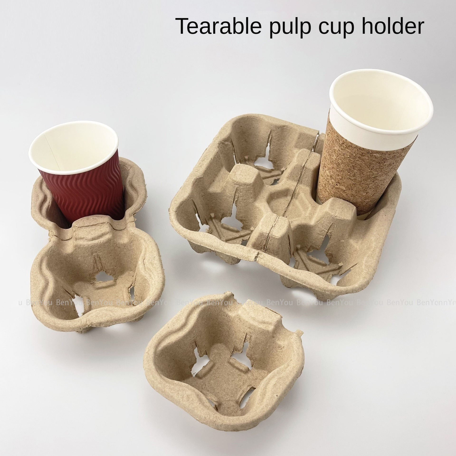 Biodegradable Compostable Eco-Friendly Drink Carrier Tray Disposable Pulp Fiber Cup Holder Office Stackable stock HotCold coffee