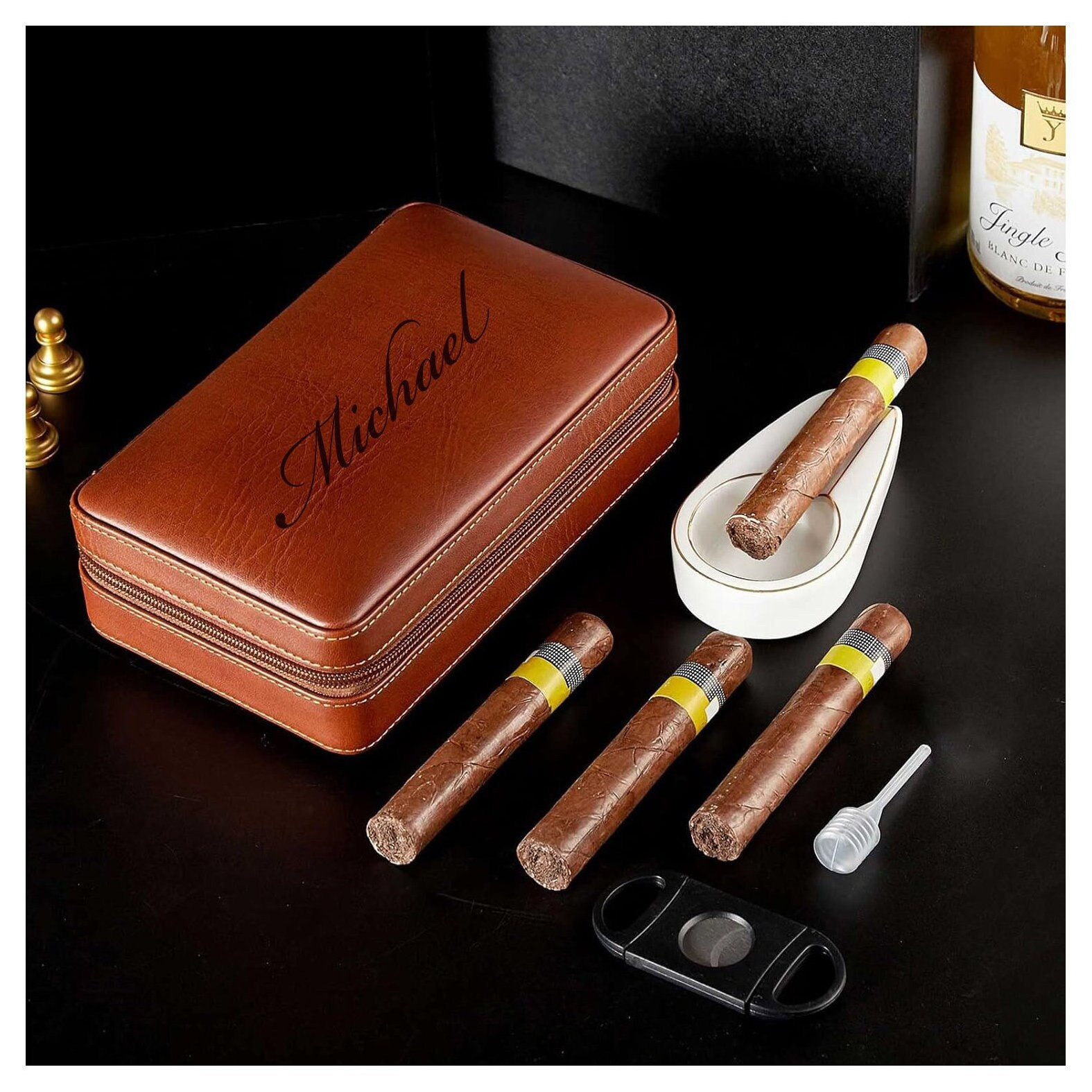 Personalized Leather Cigar Humidor Case Travel Set Custom Engraved Groomsmen Gifts Him Dad Men Boyfriend Son Customized Cigars