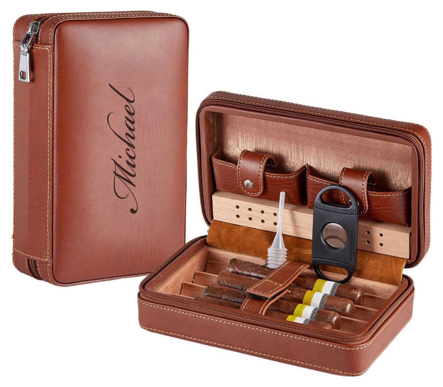 Personalized Leather Cigar Humidor Case Travel Set Custom Engraved Groomsmen Gifts Him Dad Men Boyfriend Son Customized Cigars