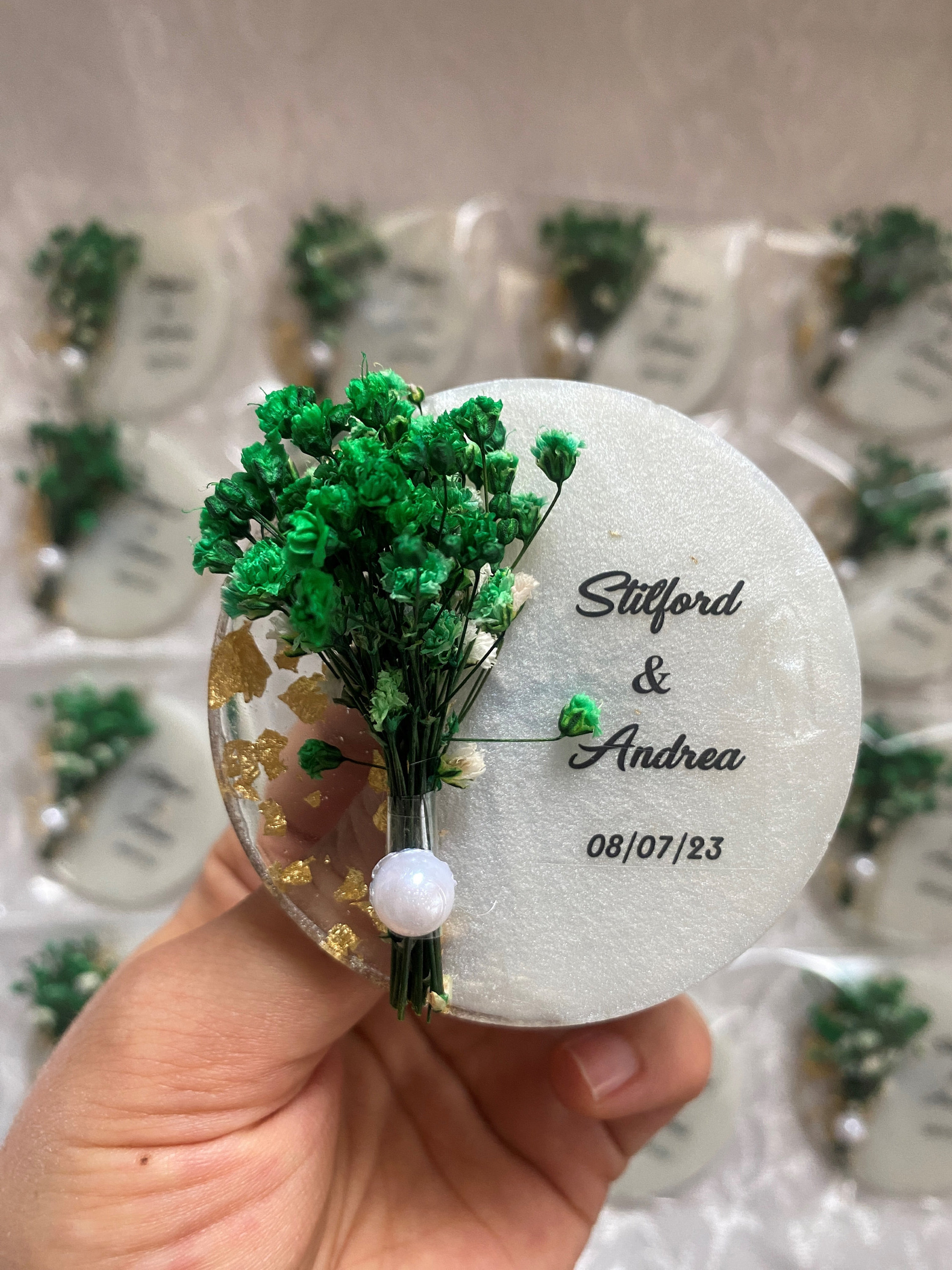 Personalized Epoxy Wedding Favor Magnet Dry Flower Islamic Gift in a Box Customizable Promotional Fridge Magnets for Guests