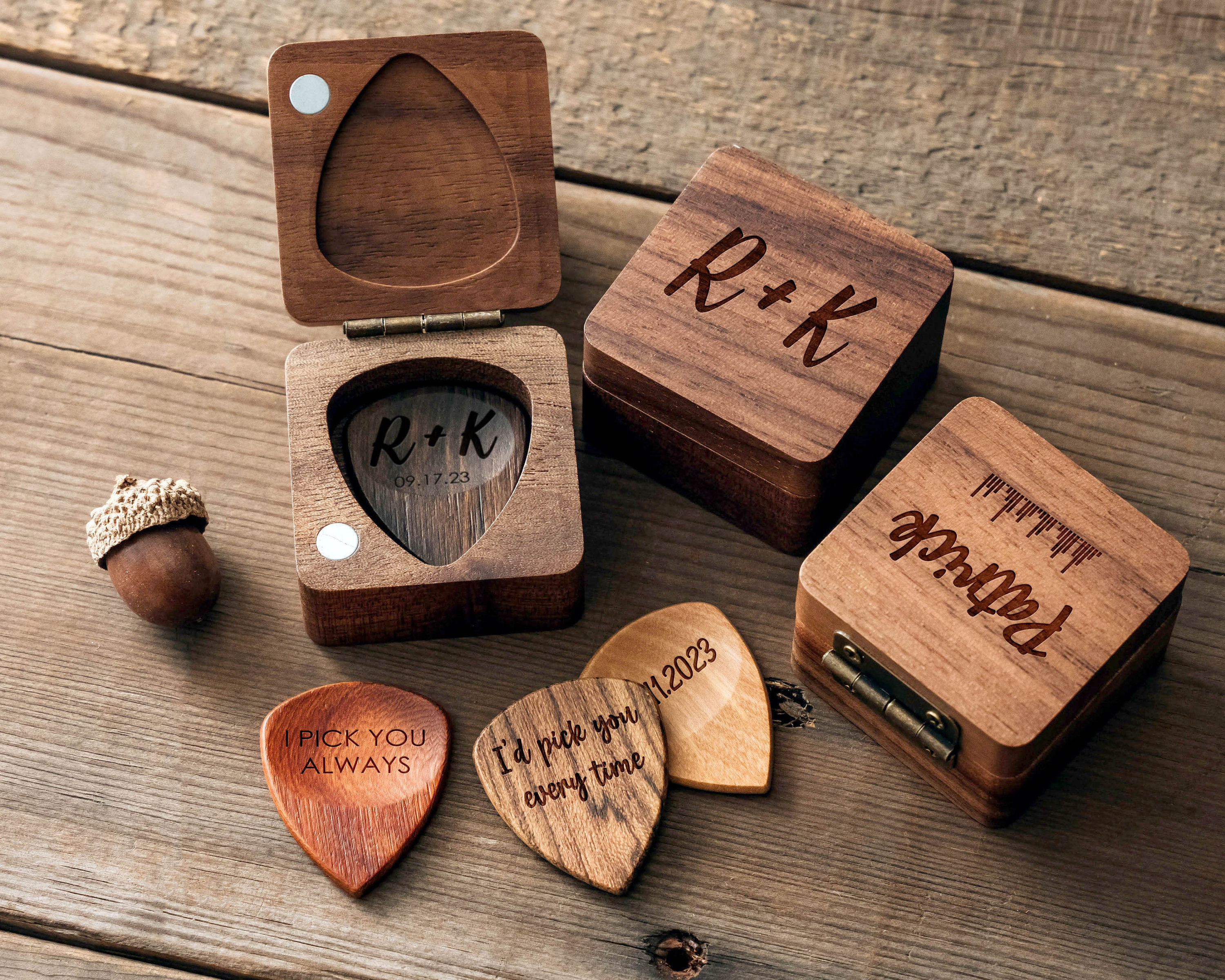 Custom Maple Wooden Guitar Picks Holder Anniversary Gift Boyfriend Husband Son Featuring Angel Theme Guitarists Fathers' Day