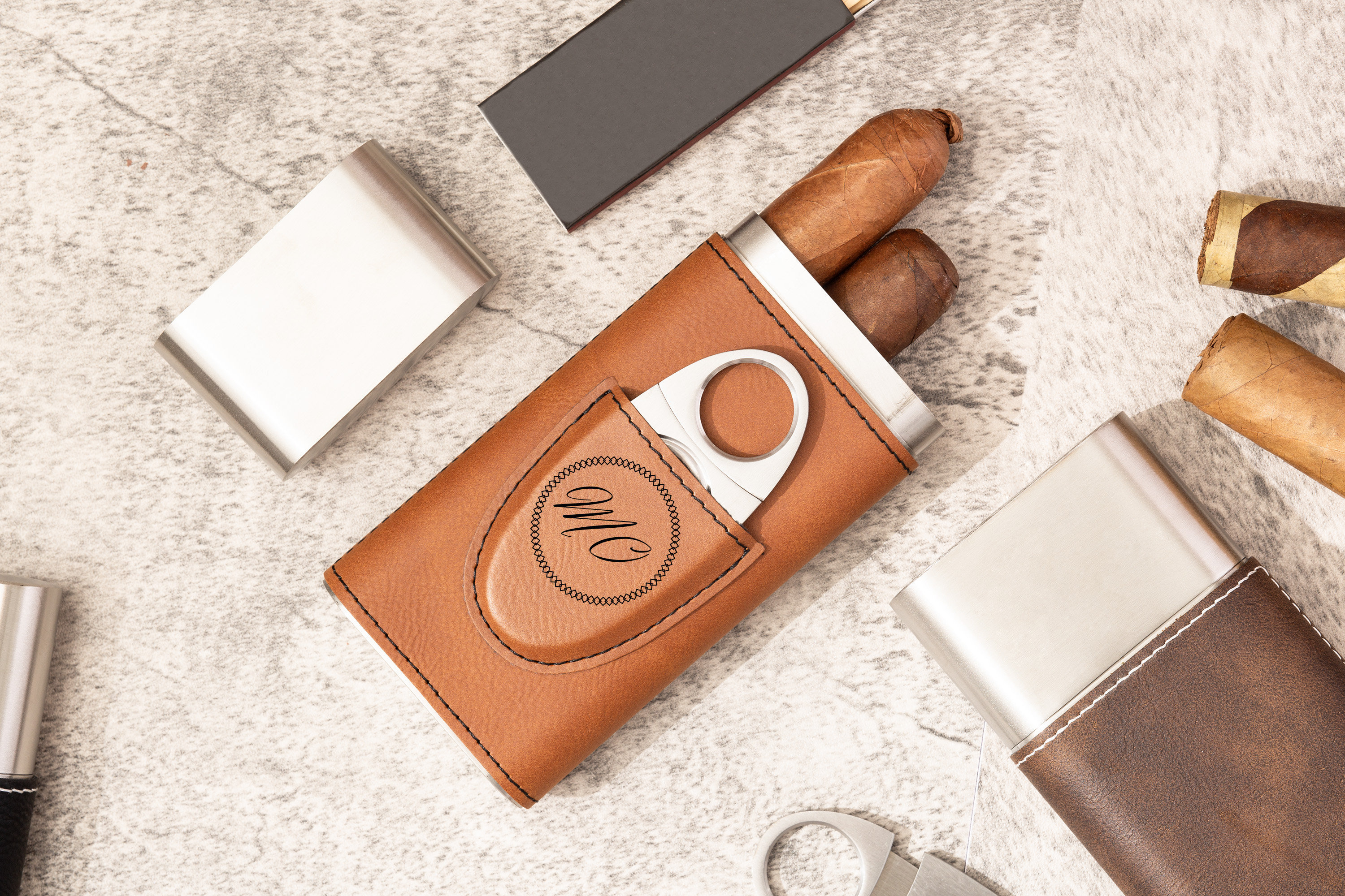 Custom Engraved Cigar Holder Cutter Dad Christmas & Fathers Day Gift Groomsmen & Best Man Gift Set