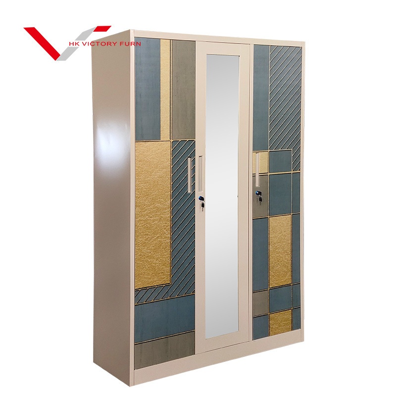 Modern design furniture bedroom sliding door steel cupboard with mirror